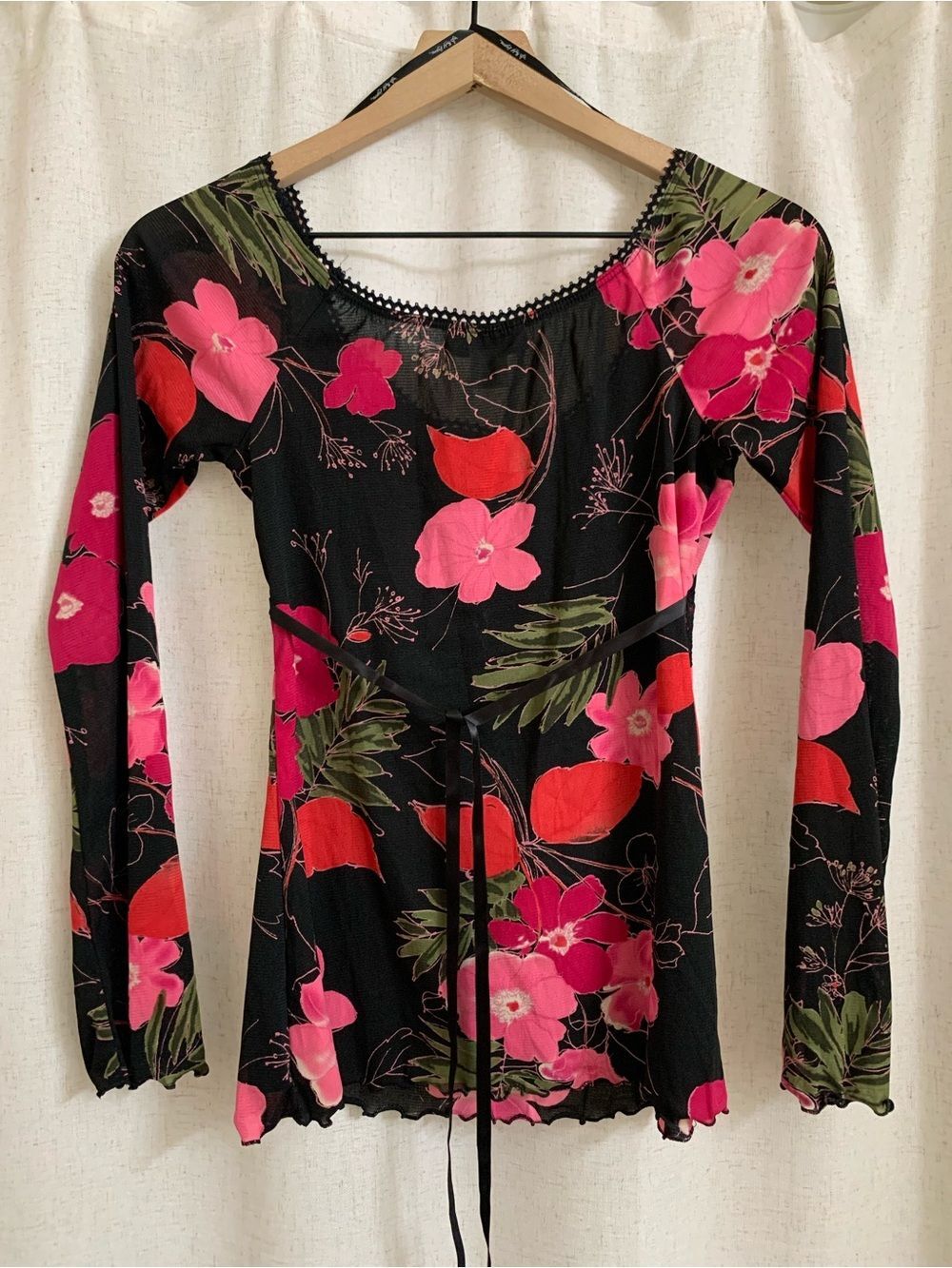 Self Esteem USA Y2K Black Floral Scoop Neck Long Sleeve Top Med Romantic Fairy - Picture 6 of 7